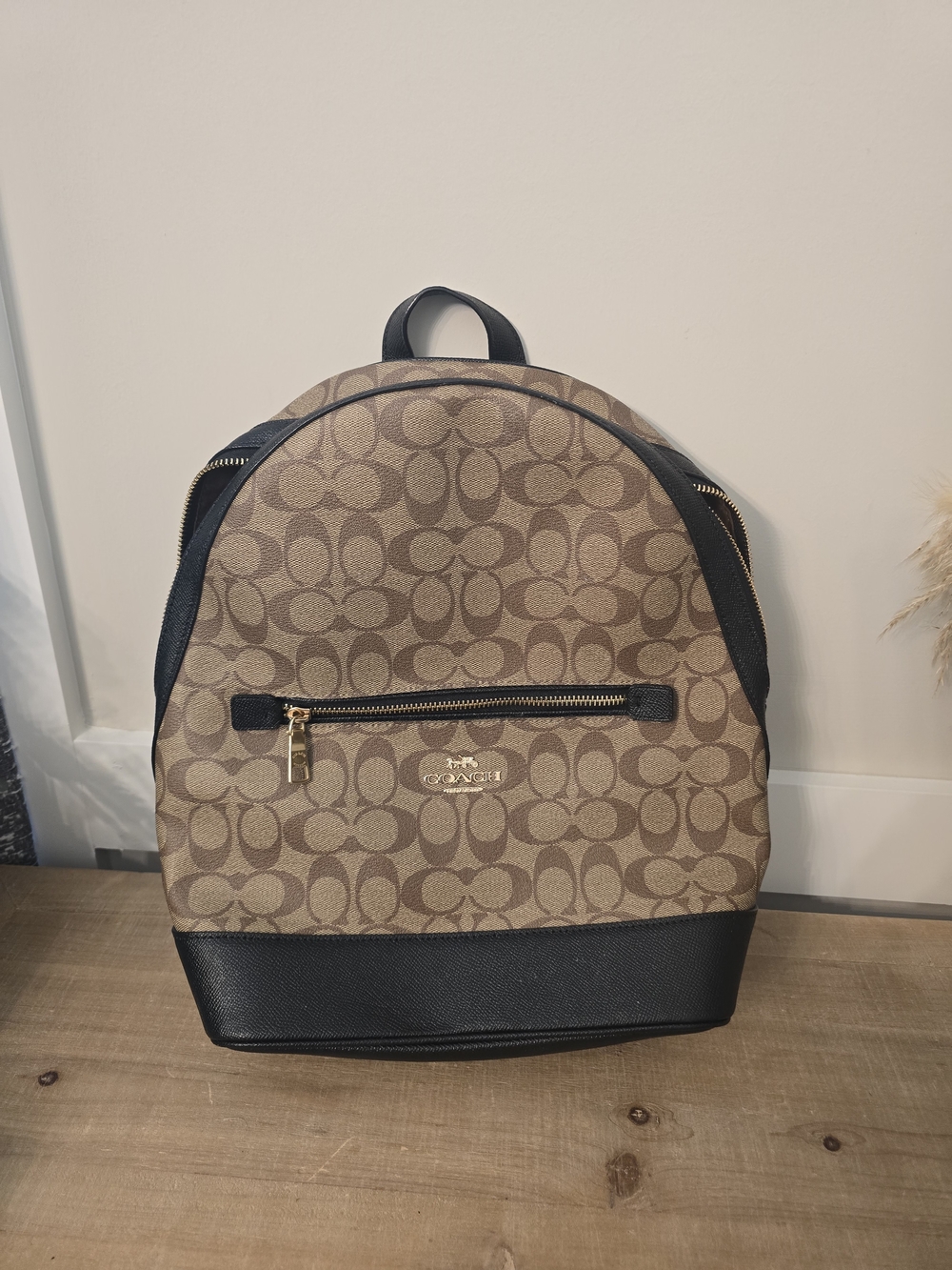 Coach Brown Signature Canvas Backpack with Black Trim